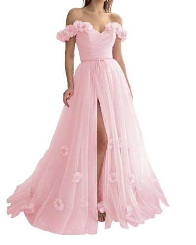 Schulterfreies TüLl-Abschlussballkleid Langes Formelles Abendkleid Mit 3D-Blume A-Linie RüCkenfreies Prinzessinnenkleid Mit Schlitz Pink 8 von Generic