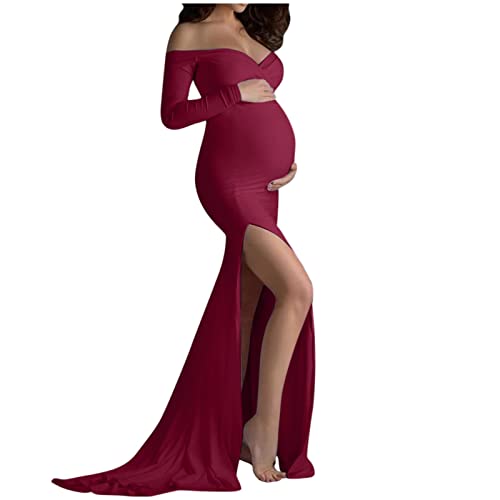 Schulterfreies langes sexy Schlitz-Requisiten für Damen, Umstandskleid, Schwangerschaftskleid, Fotografie, V-Ausschnitt, Umstandskleid, figurbetontes Kleid, rot, Small von Generic