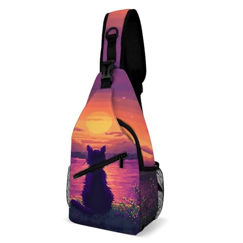 Schultertasche Digitale Katze Genießt Den Sonnenuntergang Multipurpose Umhängetasche Anti-Diebstahl Sporttasche Für Outdoorsport Herren Reisen 19X39Cm von Generic