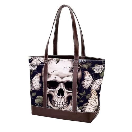 Schultertasche mit Totenkopf- und Schmetterlingsmotiv für Damen, groß, weiches gewaschenes Leder, strapazierfähige Handtaschen, mehrfarbig, 33,8 x 12 x 31 cm von Generic