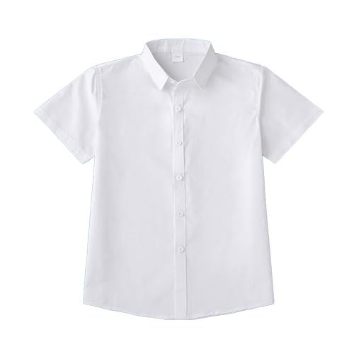 Schuluniform Mädchen Weiß Kurzarm Shirt Junge mit Knopfleiste Einfarbig Bluse Basic Hemd Schulbluse Oberteile Coole Kinderkleidung Leicht Top (White, 9-10 Years) von Generic