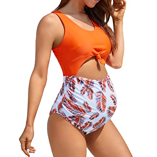 Schwangere Badeanzug Umstandsbademode V-Ausschnitt Umstandsbadeanzug Einteiliger Rückenkreuz Rückenfrei Umstands Bikini,Shape Badeanzug,D-Orange,L von Generic
