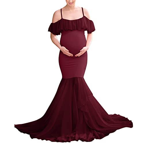 Schwangerschaftskleid Umstandsmode Kleidung Langes Schwanger Kleidung Schwangere Multiway Tüllkleid Langarm Spitze Schulterfreies Kleidung Fotoshooting Kleid Schwangere Kleid Fotografie Umstandskl von Generic