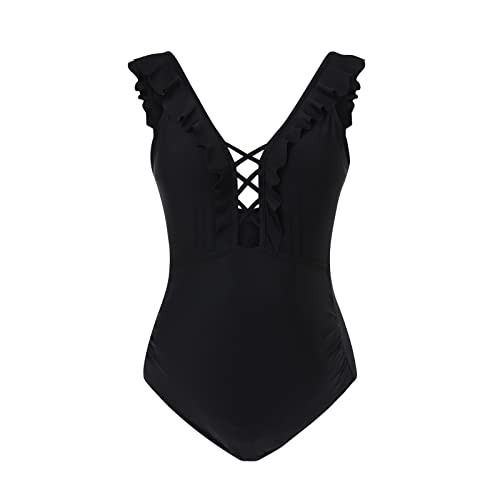 Schwangerschaftsunterwäsche Damen Umstands-Badeanzug Einteiliger Badeanzug Rüschen Schnürung Badeanzug Bademode Mutterschaft Herbst Kleidung, Schwarz , 48 von Generic