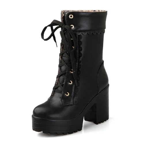 Schwarz,34 EU,Damen Plateau-Stiefeletten mit hohem, klobigem Blockabsatz und runder Zehenpartie, modische Herbststiefeletten mit Absatz und Schnürung von Generic