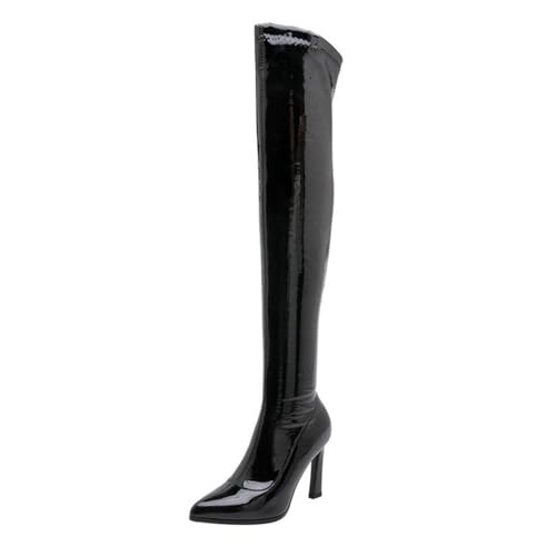 Schwarz,34 EU,Overknee-Stiefel für Damen, Stiletto-High-Heels, Spitze Zehenpartie, Lackleder, 3,7 Zoll, Herbststiefel mit Reißverschluss, modische Tanzparty-Langstiefel von Generic
