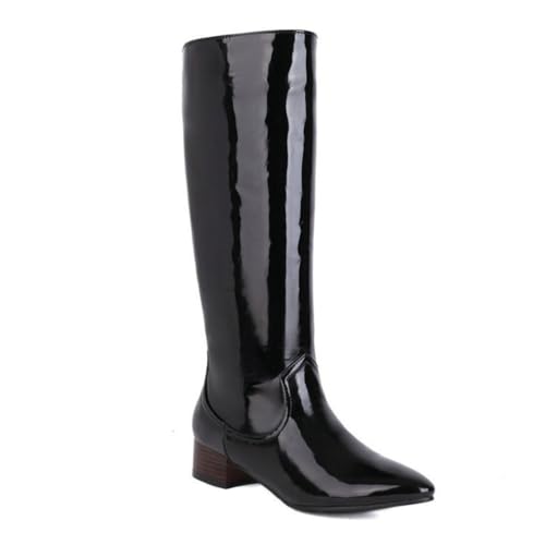 Schwarz,35 EU,Kniehohe Stiefel aus Lackleder und PU für Damen, Spitze Zehenpartie, klobiger niedriger Absatz, hoher Stiefel zum Überziehen, Langer Stiefel, Herbst-/Winter-Party-Stil, Elegante von Generic