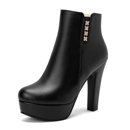 Schwarz,36 EU,Damen-Stiefeletten mit Strasssteinen, runder Zehenpartie und Plateau, Herbststiefeletten mit Absatz und seitlichem Reißverschluss, bequemer hoher, klobiger Blockabsatz von Generic