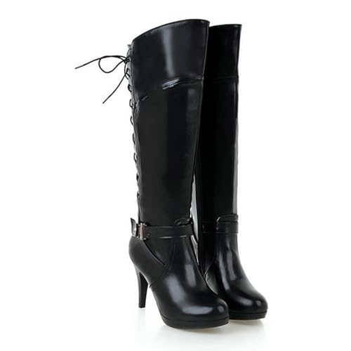 Schwarz,36 EU,Kniehohe Stiefel zum Schnüren für Damen, runde Zehenpartie, Plateau, Stiletto-Absatz, hohe Stiefel, seitlicher Reißverschluss und Gürtelschnalle, Lange Stiefel von Generic