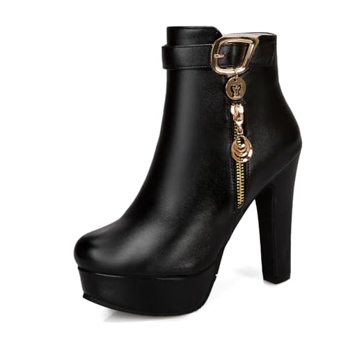 Schwarz,37 EU,Damen Plateau-Stiefeletten mit hohem, klobigem Blockabsatz und runder Zehenpartie, modische Herbststiefeletten mit Absatz und Gürtelschnalle von Generic