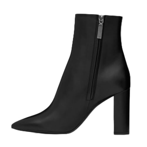 Schwarz,37 EU,Damen-Stiefeletten aus Satin, Spitze Zehenpartie, klobiger Blockabsatz, Kurze Stiefeletten, seitlicher Reißverschluss, bequem, für Partys, Verabredungen, Elegante Schuhe von Generic