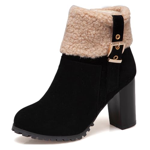 Schwarz,37 EU,Damen-Stiefeletten aus Wildleder im Retro-Stil, modischer Reißverschluss, klobiger Blockabsatz, runde Zehenpartie, Herbststiefeletten mit Absatz und Gürtelschnalle, Abendschuhe von Generic