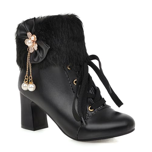 Schwarz,37 EU,Damen-Stiefeletten zum Schnüren, runde Zehenpartie, hoher, klobiger Blockabsatz mit Schleife, Herbst-Winter-Stiefeletten mit Absatz, Bequeme Abendschuhe von Generic