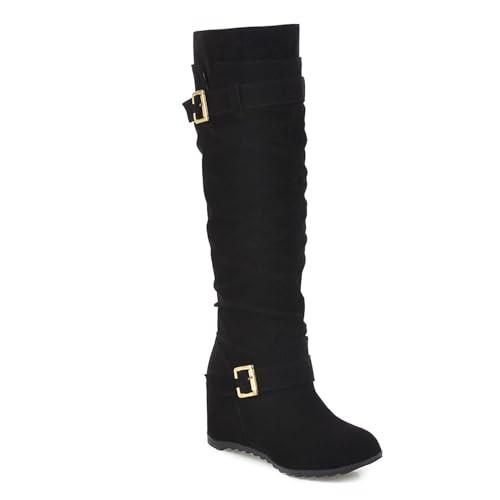 Schwarz,37 EU,Kniehohe Stiefel aus Wildleder für Damen, runde Zehenpartie, Keilabsatz, Langer Stiefel mit Gürtelschnalle, Bequeme Abendschuhe für Herbst und Winter von Generic