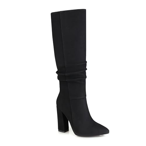 Schwarz,37 EU,Kniehohe Stiefel aus Wildleder für Damen mit dickem Absatz, Lange Stiefel zum Hineinschlüpfen, Blockabsatz, hohe Stiefel, Herbst/Winter, Weite Waden, Elegante Schuhe von Generic