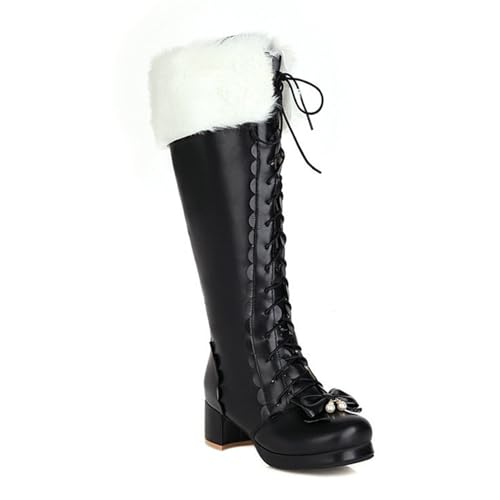 Schwarz,37 EU,Kniehohe Stiefel zum Schnüren für Damen, runde Zehenpartie, Plateau, klobiger Blockabsatz, Langer Stiefel mit Schleife, warme Abendschuhe im Lolita-Stil für Herbst und Winter von Generic