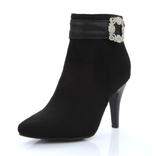 Schwarz,38 EU,Damen-Stiefeletten mit Strasssteinen, Spitze Zehenpartie, Stiletto-Absatz, Herbststiefeletten, Wildleder, seitlicher Reißverschluss, kurzer Stiefel für die Büroarbeit von Generic