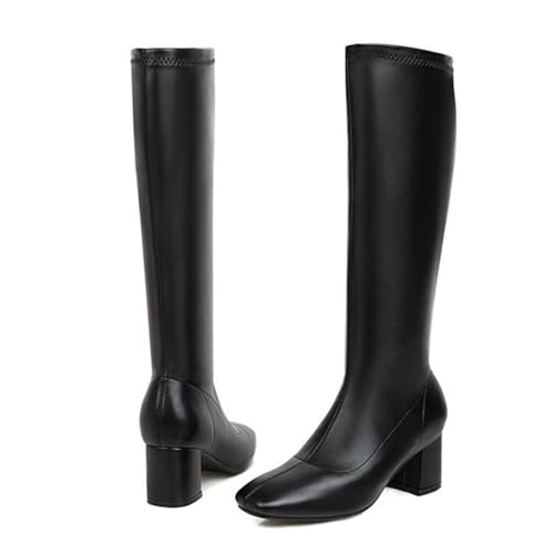 Schwarz,38 EU,Kniehohe Stiefel für Damen, Herbst/Winter, quadratische Zehenpartie, klobiger Blockabsatz, elastische Lange Stiefel, seitlicher Reißverschluss, Leder/PU, Party-Abendschuhe von Generic