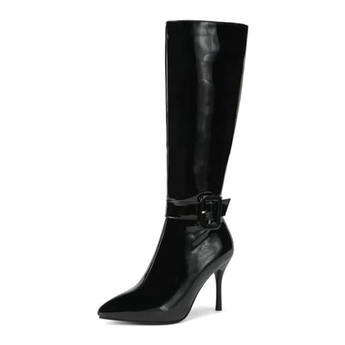 Schwarz,38 EU,Kniehohe Stiefel für Damen mit Reißverschluss, spitzer Zehenpartie, Stiletto-Absatz, Kunstleder, Overknee-Stiefel mit Schnallenriemen, Party-Kleid-Schuhe von Generic