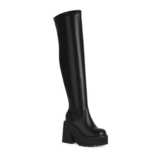 Schwarz,38 EU,Overknee-Stiefel aus Kunstleder für Damen, Plateau, klobiger Absatz, Overknee-Stiefel, runde Zehenpartie, Blockabsatz, hohe Stiefel, seitlicher Reißverschluss, elastische Schuhe von Generic