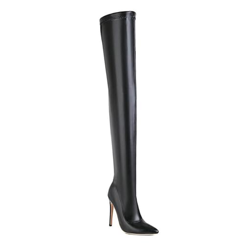 Schwarz,38 EU,Overknee-Stiefel für Damen, Stiletto-Absatz, Spitze Zehenpartie, Lange Stiefel, seitlicher Reißverschluss, hohe Stiefel aus Leder und PU, Party-Abendschuhe von Generic