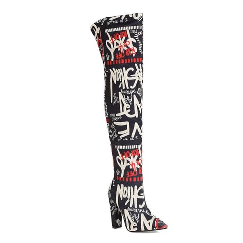 Schwarz,38 EU,Overknee-Stiefel für Damen mit Blockabsatz und Reißverschluss auf der Rückseite, Lange Stiefel, Spitze Zehenpartie, klobige Absätze, hohe Stiefel, Elastizität, Bedruckte von Generic