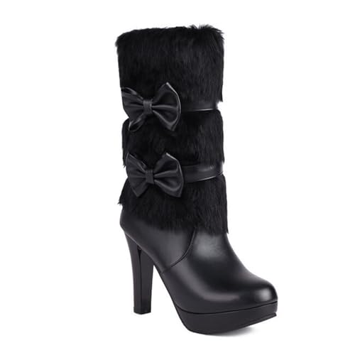 Schwarz,39 EU,Damen-Stiefeletten mit runder Zehenpartie und Plateausohle, klobiger Blockabsatz, Kniehohe Stiefel mit doppeltem Schleifenriemen, modische Herbst-Winter-Abendschuhe von Generic