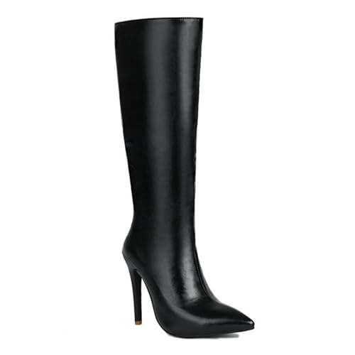 Schwarz,39 EU,Kniehohe Stiefel für Damen, Spitze Zehenpartie, Stiletto-Absätze, zum Hineinschlüpfen, breite Wade, hohe Stiefel, Leder, PU, Lange Reitstiefel, Herbst-/Winterkleid, Freizeitschuhe von Generic