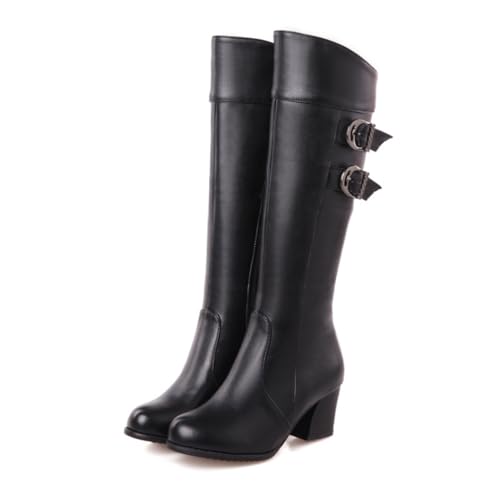 Schwarz,39 EU,Kniehohe Stiefel für Damen, runde Zehenpartie, klobiger Blockabsatz, mit doppelter Metallschnalle, seitlicher Reißverschluss, Lange Stiefel, Herbst-Winter-Abendschuhe von Generic