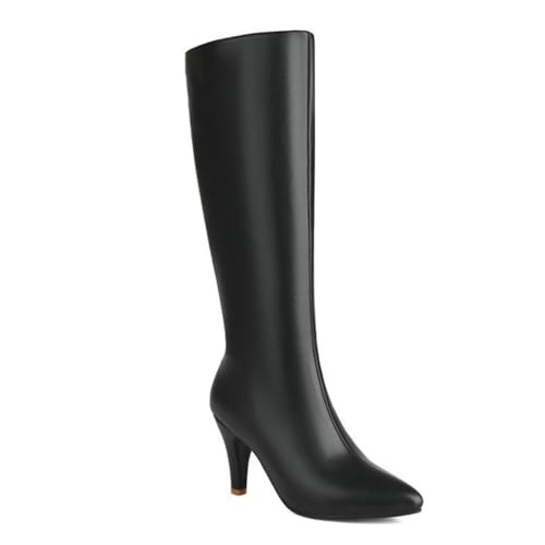 Schwarz,40 EU,Damen Kniehohe Stiefel mit Kätzchenabsatz, spitzer Zehenbereich, Kunstleder, Lange Stiefel, Stiletto, seitlicher Reißverschluss, lässiger hoher Stiefel, Herbst-Winter-Abendschuhe von Generic