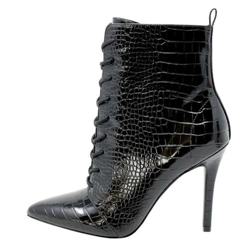 Schwarz,40 EU,Damen-Stiefeletten aus PU-Leder, Spitze Zehenpartie, Stiletto-Absatz, Kurze Stiefeletten mit Schnürung, Schlangenmuster, für Winter und Herbst, Party, Date, Abendschuhe von Generic