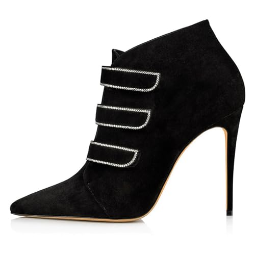 Schwarz,40 EU,Damen-Stiefeletten aus Wildleder mit Strasssteinen, spitzer Zehenbereich, hoher Stilettoabsatz, zum Überziehen, Abend- und Partyschuhe von Generic