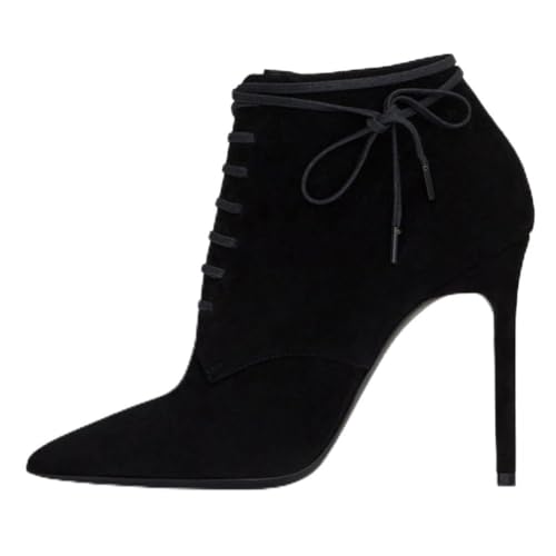 Schwarz,40 EU,Damen-Stiefeletten mit Riemchen, spitzer Zehenbereich, 11,9 cm Stiletto-Absatz, modische Stiefeletten mit Schnürdesign und Wildleder-Abendschuhen für Partys von Generic