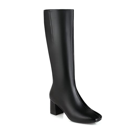 Schwarz,40 EU,Kniehohe Lange Stiefel für Damen, quadratische Zehenpartie, klobiger Blockabsatz, hohe Stiefel, seitlicher Reißverschluss, Reitstiefel aus Leder, PU, Herbst-Winter-Kleid von Generic