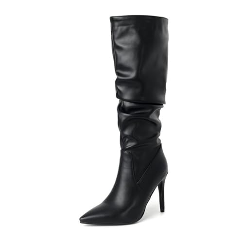 Schwarz,40 EU,Kniehohe Stiefel für Damen, Spitze Zehenpartie, Stiletto-Absatz, Leder, PU, Stretch, Falten, Lange Stiefel zum Hineinschlüpfen, breite Wade, hohe Stiefel, Abendschuhe von Generic