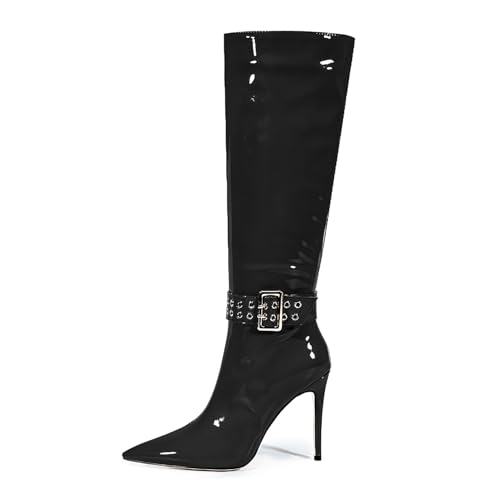 Schwarz,40 EU,Kniehohe Stiefel für Damen, Stiletto-Absatz, Spitze Zehenpartie, Lange Stiefel, Gürtelschnallen-Dekoration, Lackleder, PU, seitlicher Reißverschluss, hohe Kleiderstiefel von Generic