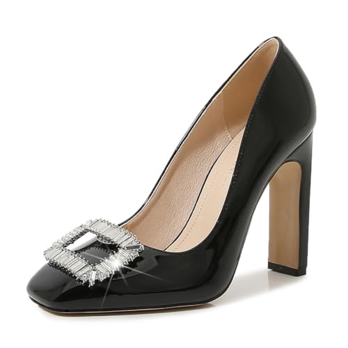 Schwarz,40 EU,Pumps mit geschlossener quadratischer Zehenpartie und klobigem Absatz für Damen, Blockabsatz, bequemer Slip-On-Abendschuh mit quadratischer Strassschnalle von Generic