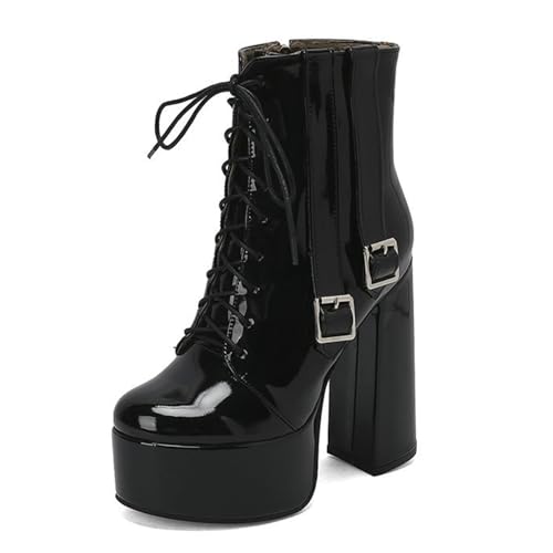 Schwarz,41 EU,Damen-Stiefeletten aus Lackleder und PU mit runder Zehenpartie und Plateausohle, mit Absatz und doppelter Gürtelschnalle, bequemer hoher Blockabsatz von Generic