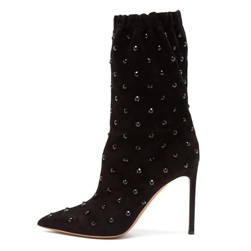 Schwarz,41 EU,Damen-Stiefeletten mit Strasssteinen, Spitze Zehenpartie, Stiletto-High-Heels, zum Hineinschlüpfen, breite Wadenstiefeletten, Hochzeit, Dating, Arbeit, Herbst, Abendschuhe von Generic