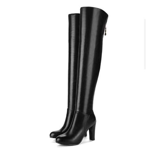 Schwarz,41 EU,Overknee-Stiefel für Damen, Spitze Zehenpartie, klobiger Blockabsatz, doppelter Reißverschluss an der Seite und hinten, hohe Stiefel, Overknee-Stiefel aus Leder und PU von Generic