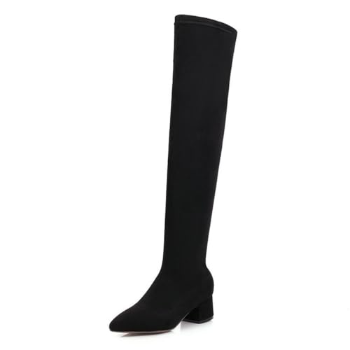 Schwarz,41 EU,Overknee-Stiefel für Damen mit klobigem Blockabsatz, elastischem Wildlederimitat, zum Überziehen, Lange Stiefel mit spitzer Zehenpartie, hoher Stiefel für Winter und Herbst von Generic