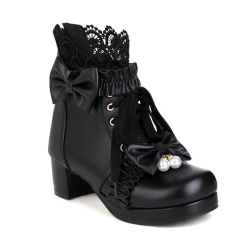 Schwarz,42 EU,Damen-Stiefeletten aus Spitze mit runder Zehenpartie und Plateau, hoher, klobiger Absatz mit Schleife, Bequeme Herbststiefeletten mit Absatz, Lolita-Abendschuhe von Generic