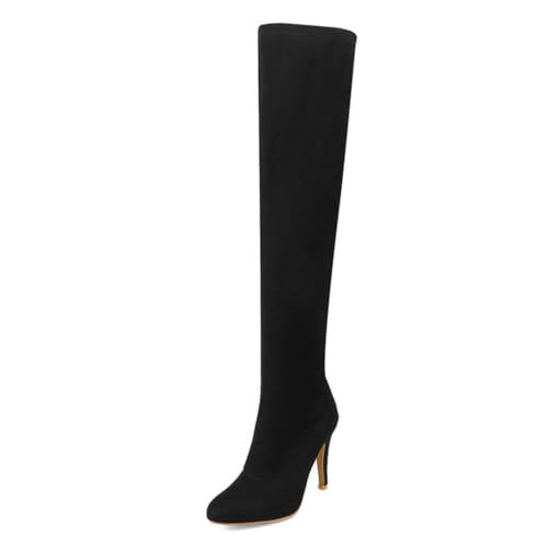 Schwarz,42 EU,Overknee-Stiefel für Damen, Wildleder, Stretch, zum Hineinschlüpfen, Overknee-Stiefel, Spitze Zehenpartie, Stiletto-Absätze, hohe Stiefel, modische Abschlussball-Party-Abendschuhe von Generic