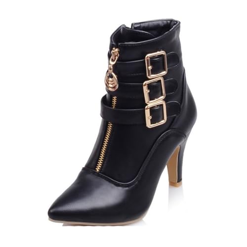 Schwarz,43 EU,Damen-Stiefeletten mit modischem Gürtel und Metallschnalle, spitzer Zehenbereich, Stiletto-Absatz, Herbststiefeletten aus Leder und PU mit Reißverschluss, kurzer Stiefel von Generic
