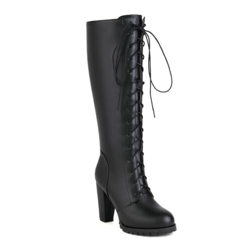 Schwarz,43 EU,Kniehohe Stiefel zum Schnüren für Damen, runde Zehenpartie, klobiger Blockabsatz, hoher Stiefel aus Leder und PU, Langer Stiefel, Herbst-Winter-Party-Stil, Elegante Schuhe von Generic