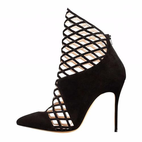 Schwarz,44 EU,Damen-Stiefeletten mit Absatz, Spitze Zehenpartie, Stiletto-Absatz, modische Stiefeletten mit Reißverschluss hinten, Wildleder, hohl, für Abendveranstaltungen von Generic