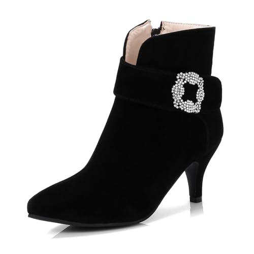 Schwarz,44 EU,Damen-Stiefeletten mit Kitten Heel, Spitze Zehenpartie, seitlicher Reißverschluss, Herbst-Stiefeletten mit Absatz und Strass-Schnallenriemen, Wildleder, Bequeme Abendschuhe von Generic