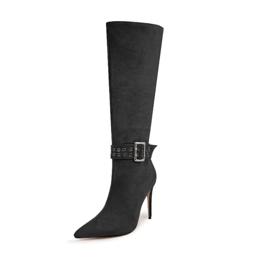 Schwarz,44 EU,Kniehohe Stiefel für Damen, Stiletto-Absatz, Spitze Zehenpartie, Lange Stiefel, Gürtelschnallen-Dekoration, Wildleder, seitlicher Reißverschluss, hohe Kleiderstiefel von Generic