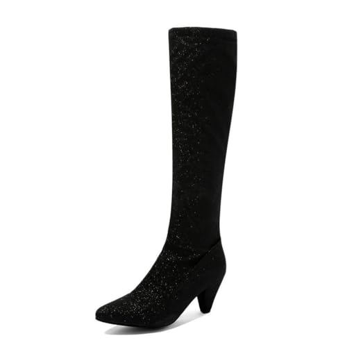 Schwarz,45 EU,Damenstiefel mit klobigem Kitten Heel und spitzer Zehenpartie, Lange Stiefel, Pailletten, Winter-/Herbststiefel, seitlicher Reißverschluss, Abendschuhe von Generic