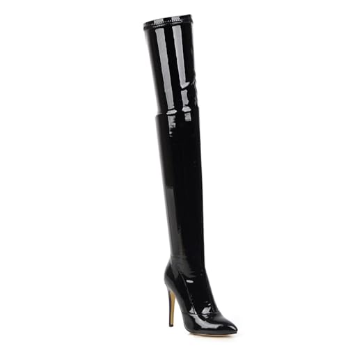 Schwarz,45 EU,Overknee-Stiefel für Damen, 11,4 cm, Stilettos, High Heels, Lackleder, PU, Lange Spitze Zehenpartie, hohe Stiefel, Abendschuhe von Generic